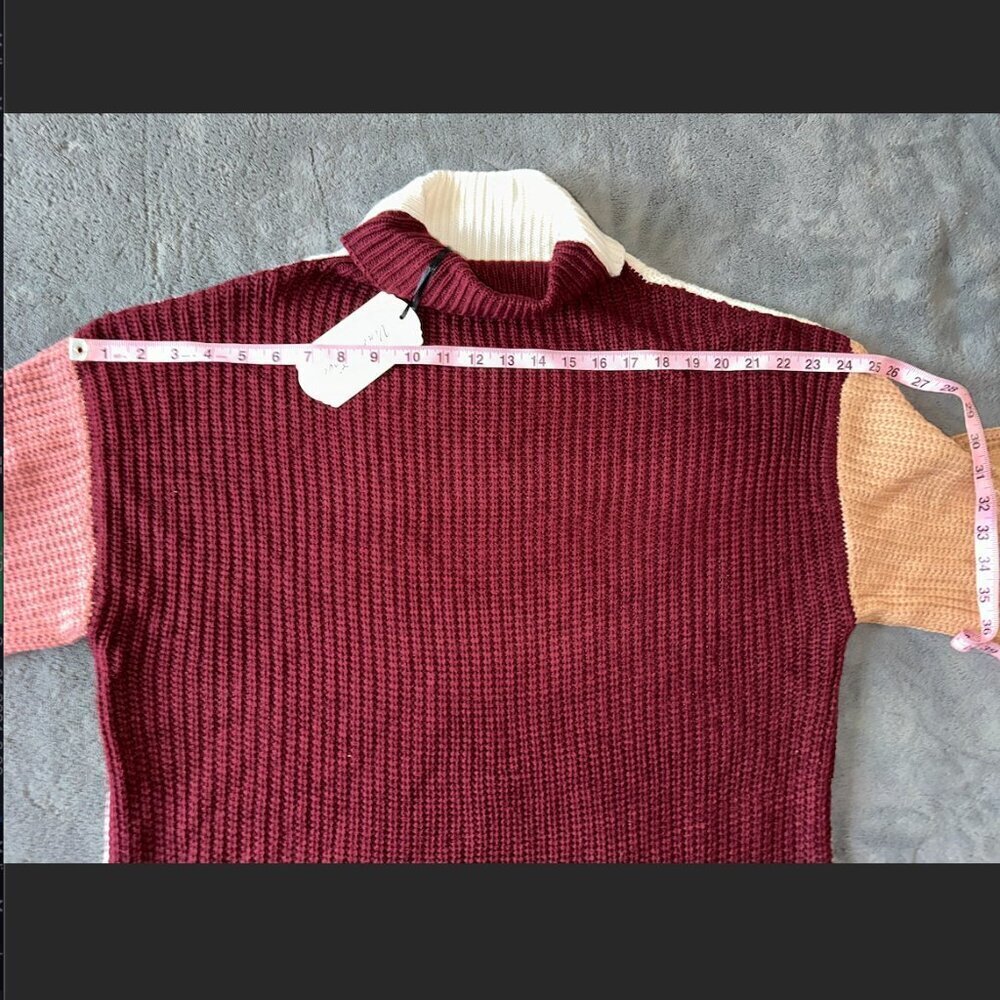 Vine & Love Burgundy Pink Tan Cream Chunky Knit Oversized Sweater Turtleneck - Picture 5 of 7